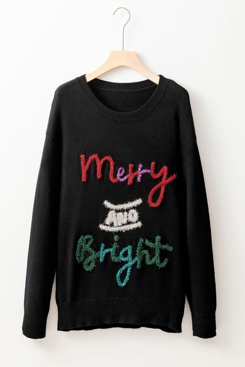 Black Tinsel Merry and Bright Graphic Christmas Sweater - Love Salve